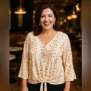 NWT Bon Apple‎ Tea Blouse Top 1X White Orange Botanical Print V-Neck Tie Front